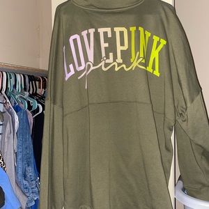 VS Pink varsity crew half zip olive green